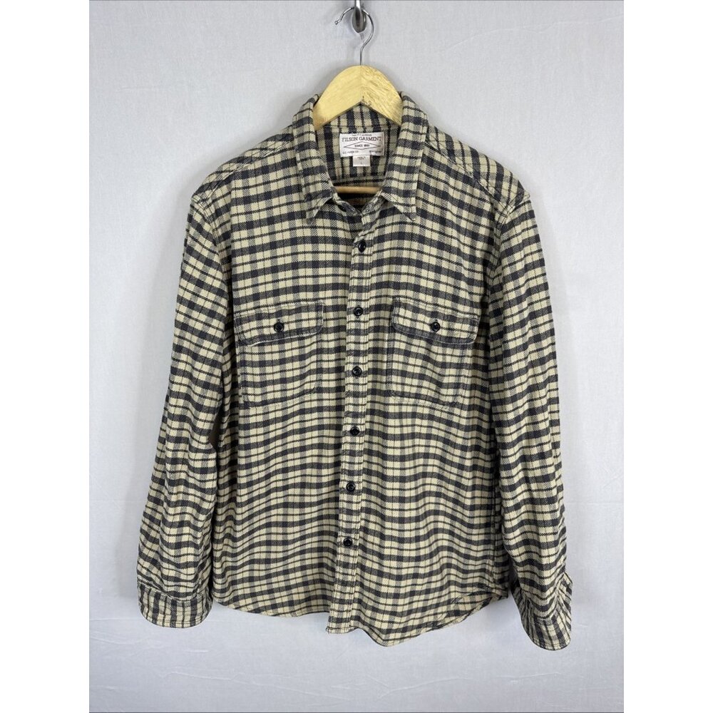 Filson Garment L Flannel Shirt Tan Brown Plaid Button Up Workwear Cotton